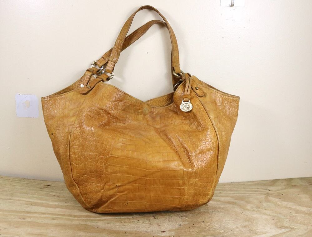 Brahmin HOBO TOTE Croc Embossed L JACQUELINE Brown Yellow Leather Shoulder Bag